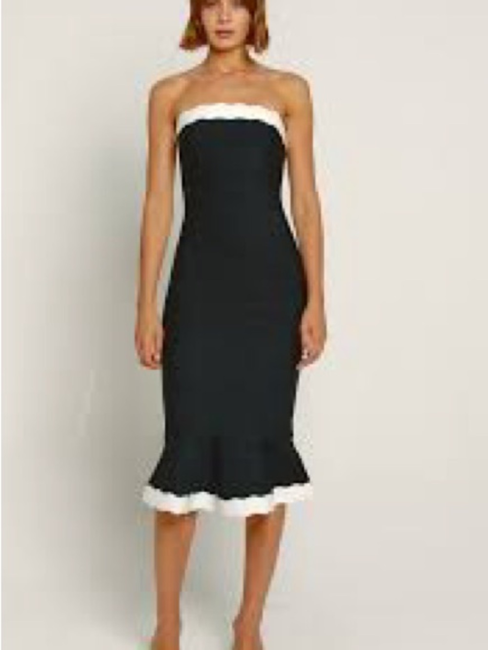 Rare London Black Strapless Midi Dress with White Trim